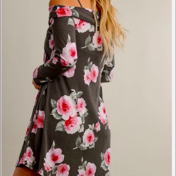 Charcoal Floral Cold Shoulder Dress - Picture 3 of 5